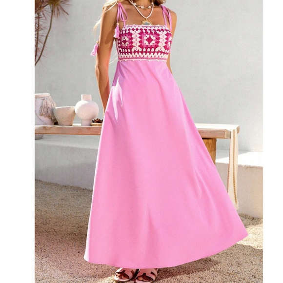 Boho Pink Crochet Shoulder Tie Cami maxi Dress - Picture 5 of 5